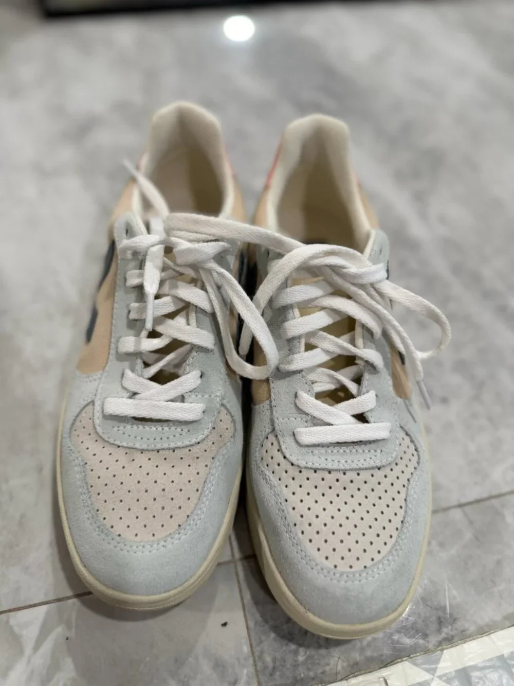 Veja Women's Sneakers in Cream, Beige & Navy with Coral Heel Tab